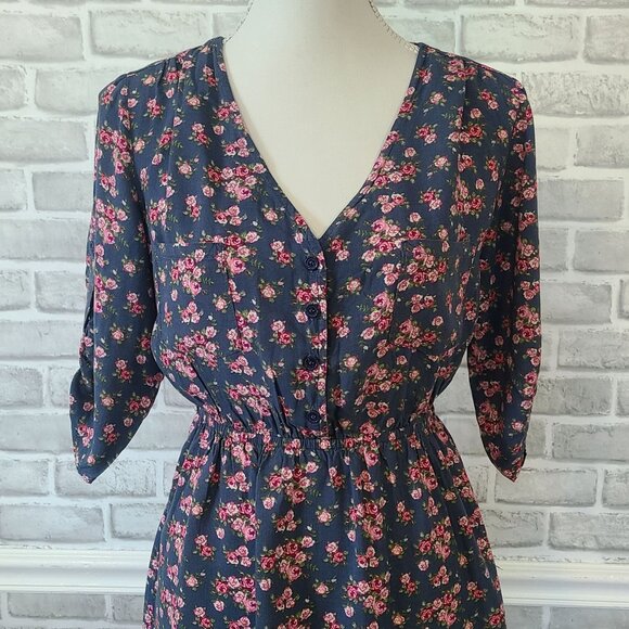Wet Seal Womens Mini Dress Blue Floral 3/4 Roll Tab Sleeves M Cottage Feminine - Picture 2 of 7